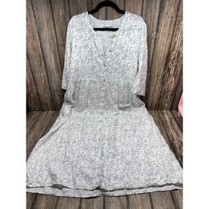 L F Markey Linen Abstract Line Art Dress Button Front Tiered White US 12